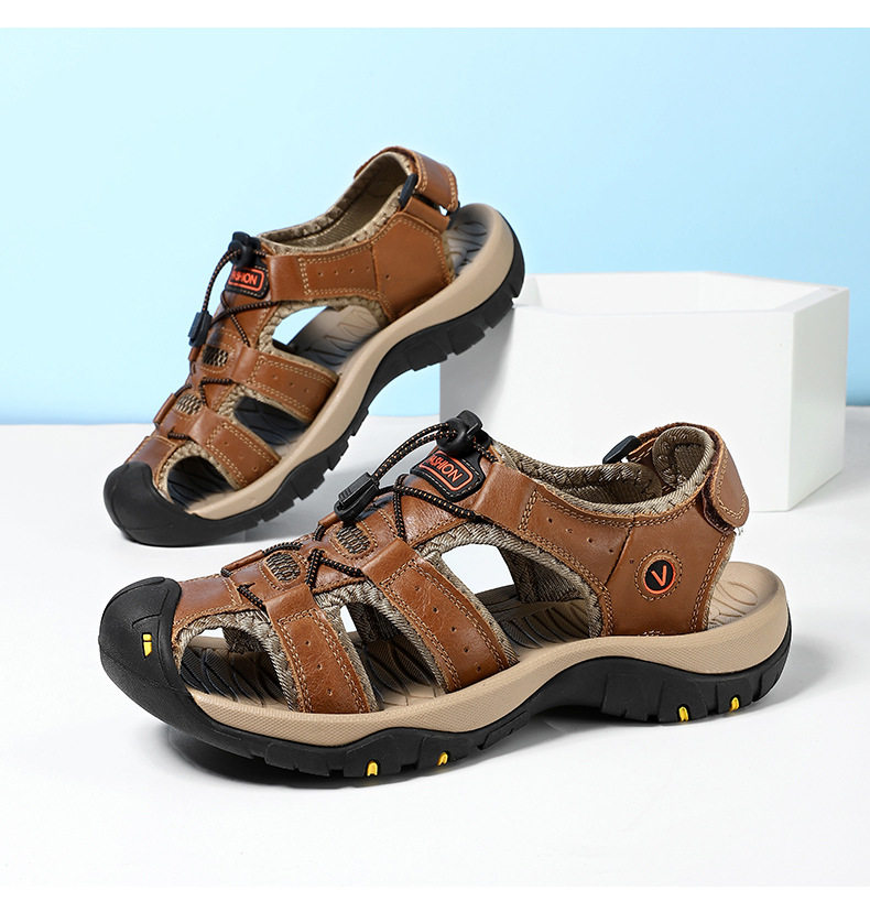 Dép sandal nam da thật quai ngang may thủ công chống trượt, cỡ lớn đến 48 — 7239 Xanh quân đội, 7239 màu xanh lam, 7239 màu đen, 7239 nâu sẫm chi tiết 4