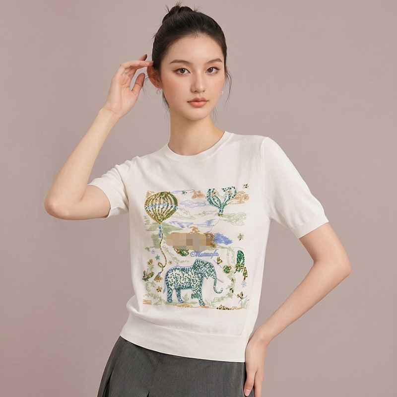 Summer Tencel Wool Heavy-Duty Sequined Elephant Print Knit Short-Sleeve Women's Round-Neck T-Shirt, Stylish and Age-Reducing Top Summer Tencel Wool Heavy-Duty Sequined Elephant Print Knit Short-Sleeve Women's Round-Neck T-Shirt, Stylish and Age-Reducing Top