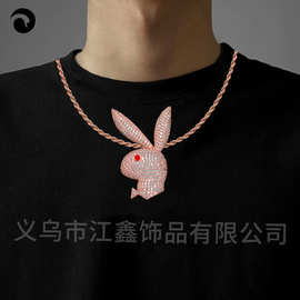 新款嘻哈潮酷项链实心满钻兔子头造型铜镶锆石重工嘻哈吊坠礼物