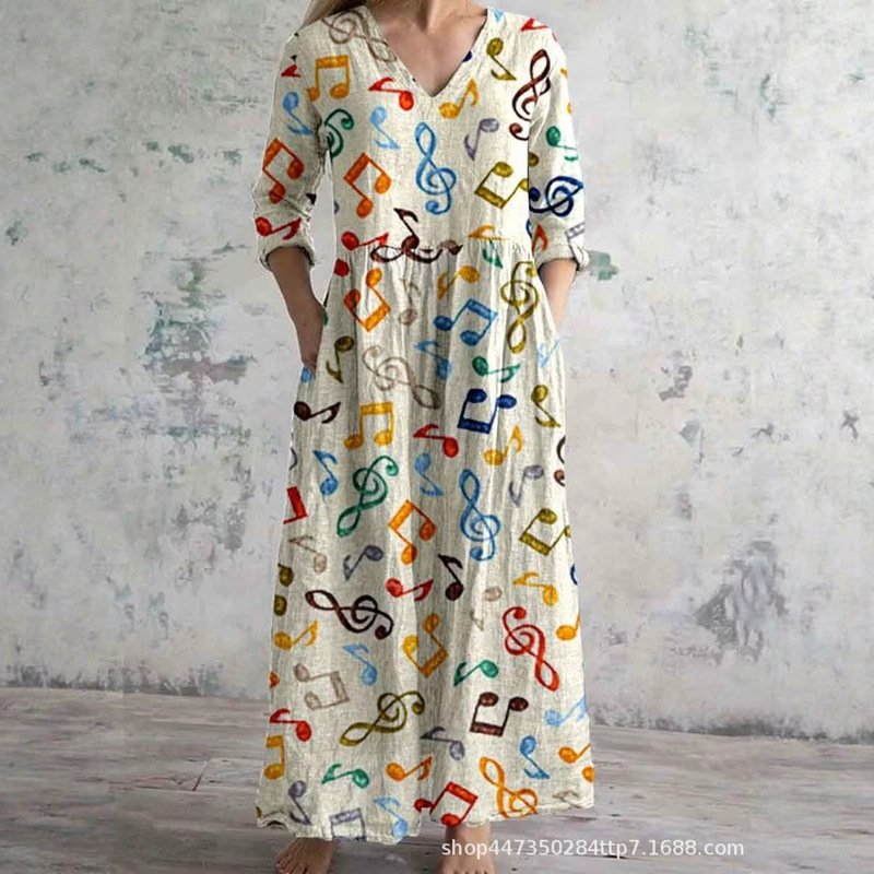 Foreign Trade European and American Style Color-Blocking Geometric 3D Print Dress, Plus-Size Loose Fit, V-Neck Long-Sleeve Dress with Pockets Foreign Trade European and American Style Color-Blocking Geometric 3D Print Dress, Plus-Size Loose Fit, V-Neck Long-Sleeve Dress with Pockets