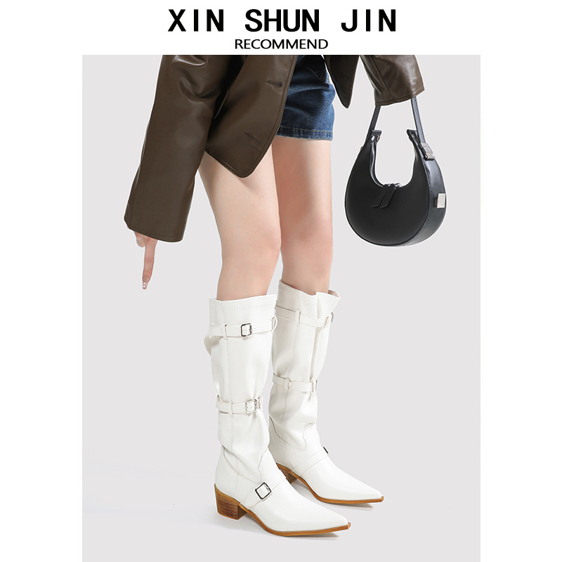 尖头大筒围堆堆靴小众设计复古西部牛仔靴粗跟辣妹时髦感长筒靴女