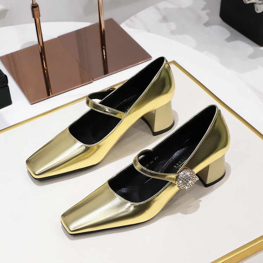 5288-K89 Wind Banquet Women's Shoes Metal Water Diamond Buckle Strap Medium Thick Heel Shallow Mouth Square Heel Women's Single Shoes