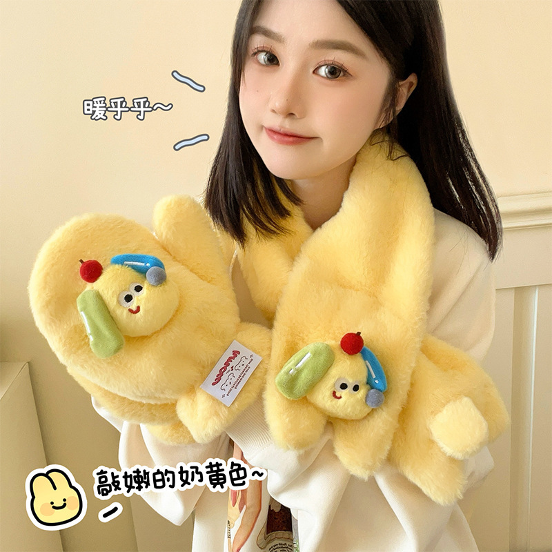 かわいい漫画の柔らかい子犬ぬいぐるみ手袋、冬の女子学生用、暖かいベルベットの厚みのある首吊り防寒スカーフ|undefined