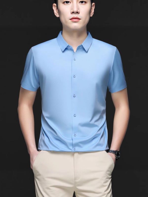 夏の新無地シームレス半袖シャツ弾性シルキー若者紳士服薄型スリム半袖シャツ男性用|undefined