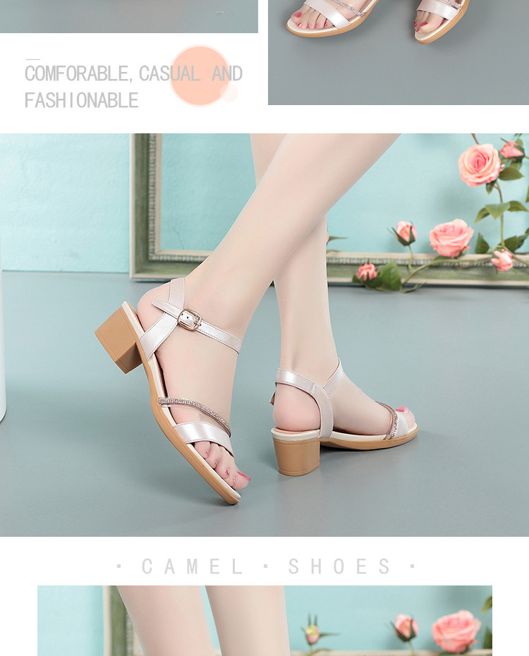 Sandal nữ hở mũi gót thấp da thật đế mềm chống trơn — màu be chi tiết 9