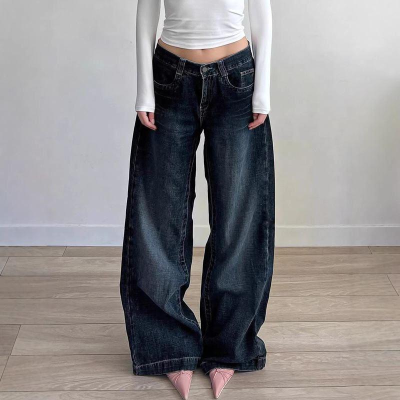 American Street Style Loose Asymmetrical Zipper Jeans for Women, New Autumn Straight Wide-Leg Floor-Length Pants