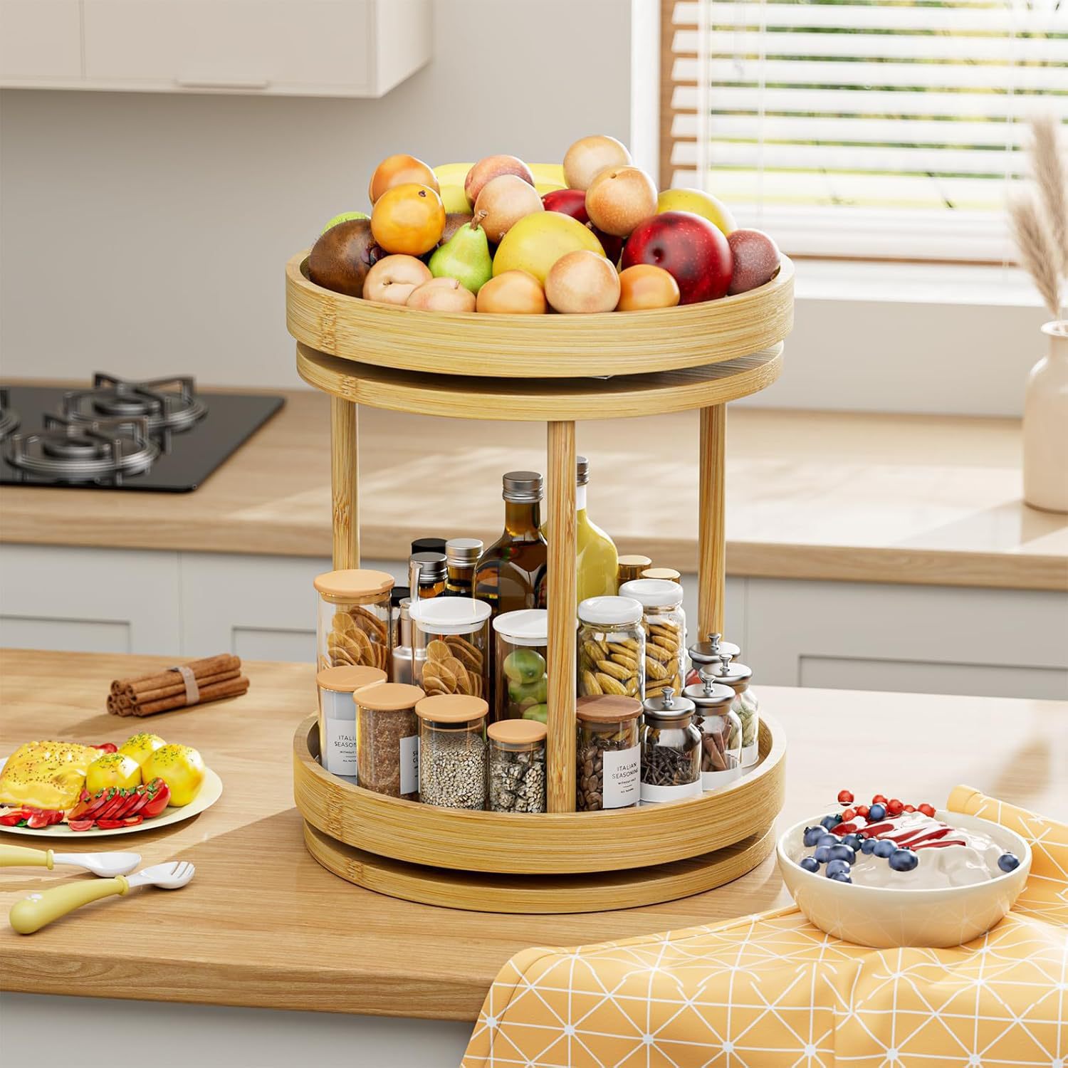 Bamboo kitchen countertop double-layer spice jar storage rack rotatable tableware storage rack bathroom cosmetics storage rack