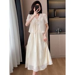 プラスサイズの女性の中国風サスペンダードレススーツ夏 2025 新しい国民風刺繍ボタンツーピースロングスカート