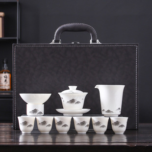 Mountain Landscape Ink Gaiwan, Nephrite Jade Ceramic Kung Fu Tea Set, Thin-Walled Three-Talent Gaiwan, Tea Bowl, White Porcelain Tea Bowl