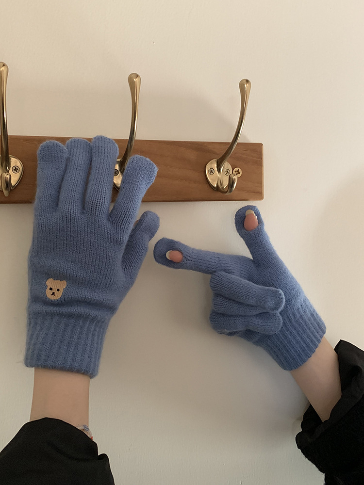 Estudiante a prueba de frío lana de punto a caballo cinco dedos Pantalla táctil de dibujos animados guantes calientes de invierno femenino engrosada linda pareja