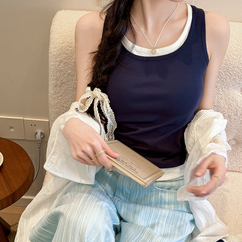 Spring and Summer New Casual Loose Fake Two-piece Camisole Women's Solid Color Design Sleeveless All-match Top