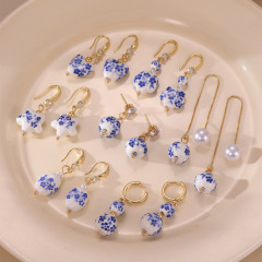新中式青花磁器イヤリング 女性用 個性的なトレンド レトロセラミックイヤリング 2025年新作 越境ホットセール卸売