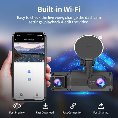 Cross-Border Hot-Selling Model: 3-Camera Simultaneous Display Dashcam with High-Definition Wifi and Mobile Phone Connectivity, Parking Monitoring Recorder (Driving recorder) - with-wifi-front-inside-the-car