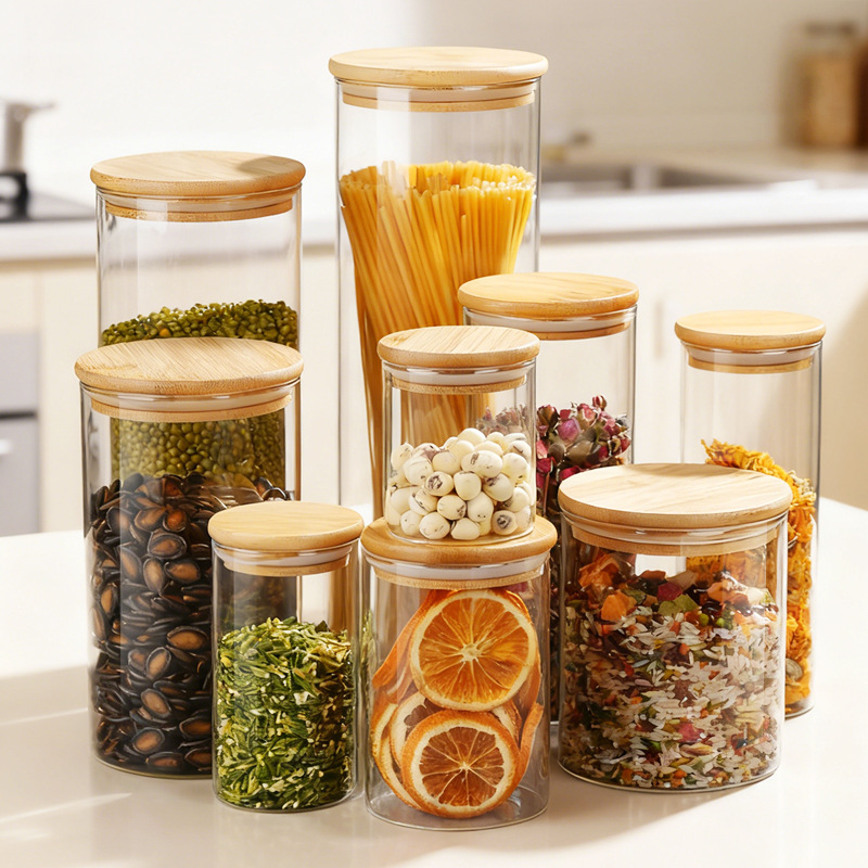Comercio exterior spot alta borosilicona vidrio sellado lata de té cubierta de bambú lata de almacenamiento transparente circular lata de dulces de grado alimenticio