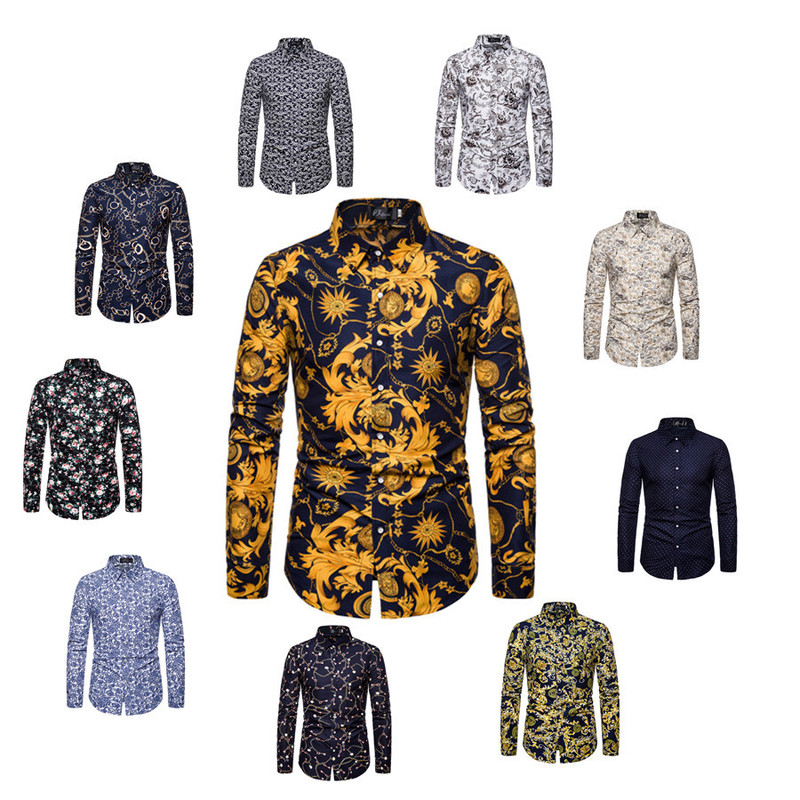 Amazon Foreign Trade New Men's National Style Fashion Fashion Color Nightclub Flower Shirt Casual Long Sleeve Shirt Amazon Foreign Trade New Men's National Style Fashion Fashion Color Nightclub Flower Shirt Casual Long Sleeve Shirt