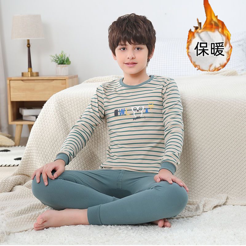 青少年男孩秋冬季长袖长裤磨毛薄绒圆领套头打底衫睡衣套装中大童