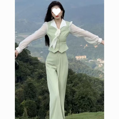 2025秋季新款时尚气质套装女洋气蝴蝶结长袖上衣高腰阔腿裤两件套