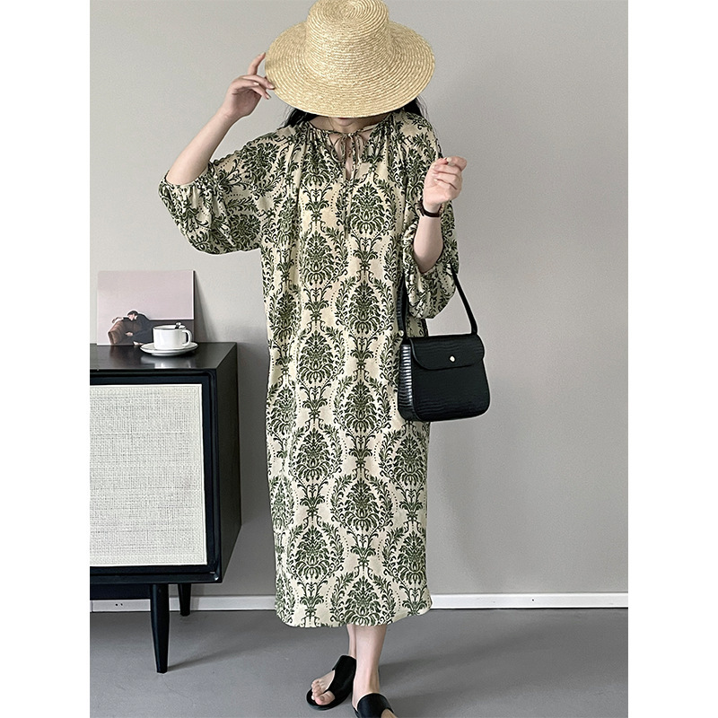 Taochuan Retro Green Floral Lantern Sleeve Dress Women's Western Style Printed Thin Loose Long Skirt 2025 Summer 5278