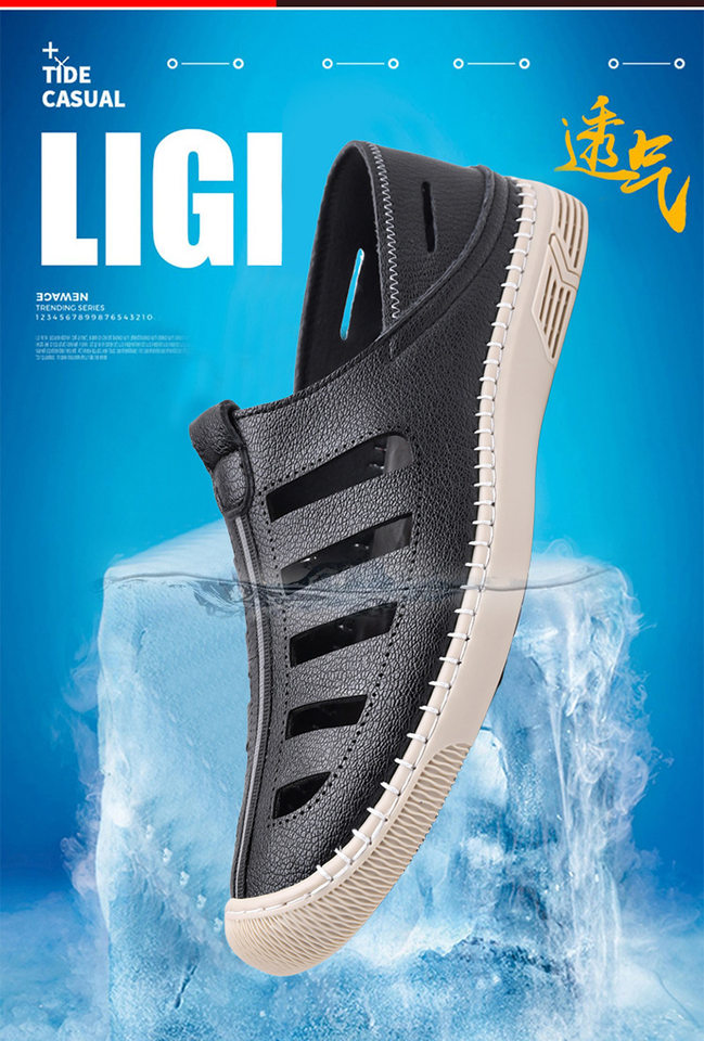 Giày lười sandal nam thoáng khí khoét lỗ, mũi tròn, đế cao su chống trượt — Màu nâu, màu đen chi tiết 2