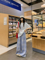 レイジースタイルプリントルーズショルダー半袖Tシャツコントラストチェック柄カジュアルパンツ女性用2025夏新作スーツ