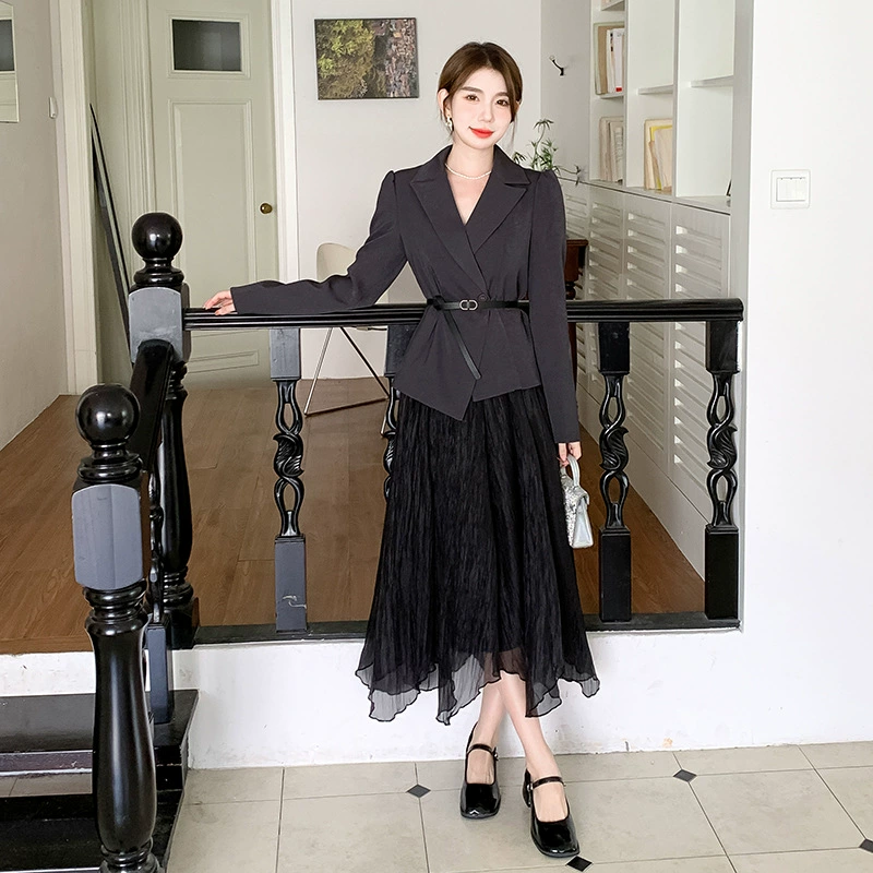 Реальный выстрел в наличии темперамент светский человек платье в стиле Сяосян Костюм Куртка Вертикальная Высокая талия сетчатая юбка костюм осень