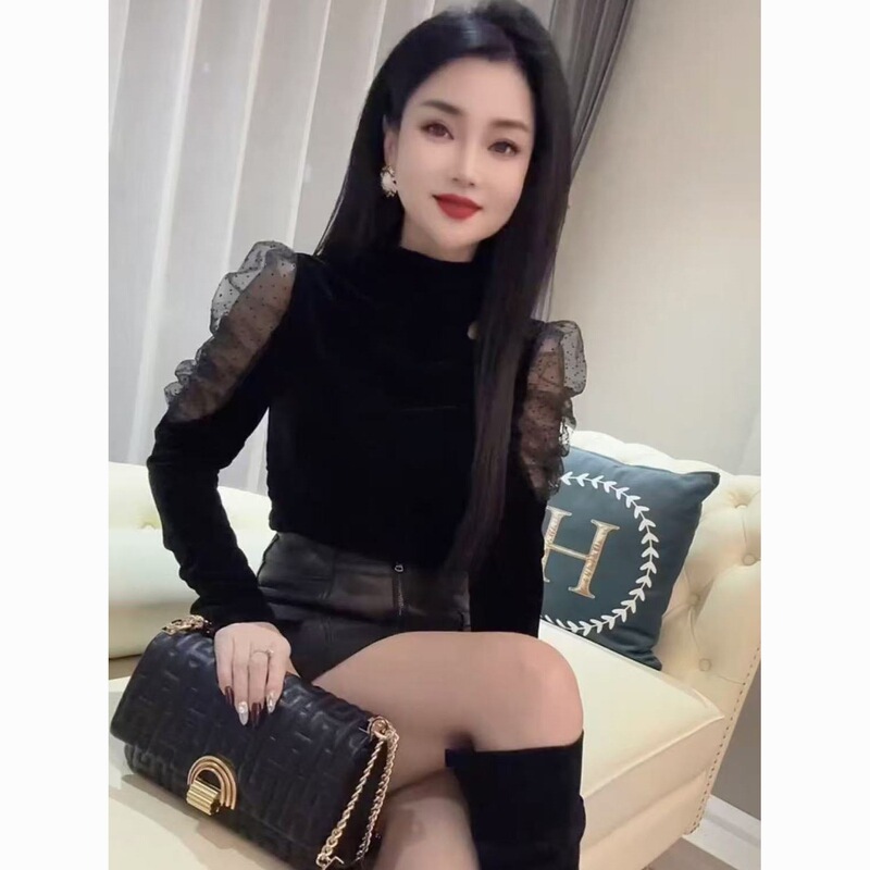 European-Style Plus-Size Black High-Neck Velvet Shirt for Women, Autumn and Winter Hollow-Out Mesh Patchwork Puff Sleeve Top, Heavy-Duty Shirt European-Style Plus-Size Black High-Neck Velvet Shirt for Women, Autumn and Winter Hollow-Out Mesh Patchwork Puff Sleeve Top, Heavy-Duty Shirt