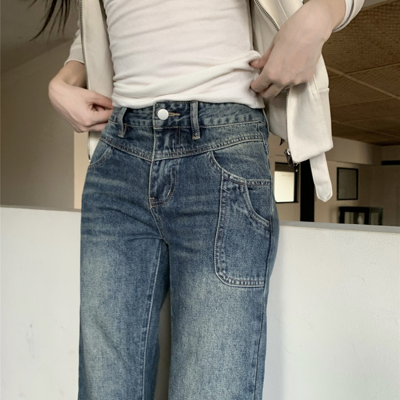拽拽辣妹复古微喇深蓝牛仔裤做旧百搭直筒裤子女|undefined