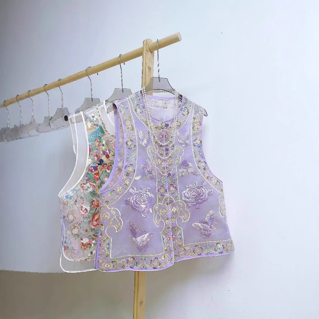 Nanyou Wholesale 2025 Summer Heavyweight Mulberry Silk Jacquard National Style Heavy Embroidery Vest Western Style Age-Reducing Top for Women