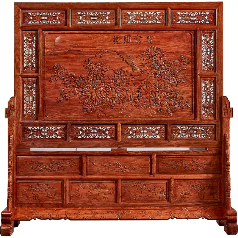 红木家具隔断柜屏风花梨木新中式刺猬紫檀入户大玄关双面雕花座屏