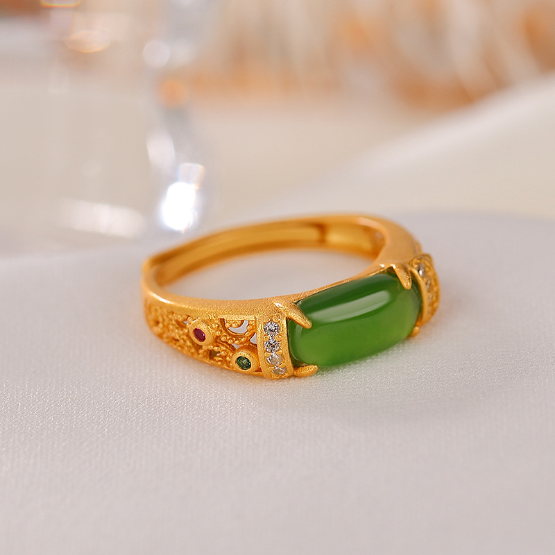 Nhẫn bạc S925 mạ vàng đính đá Hetian jasper rỗng cá tính — Kiểu mạ bạch kim, Kiểu mạ vàng