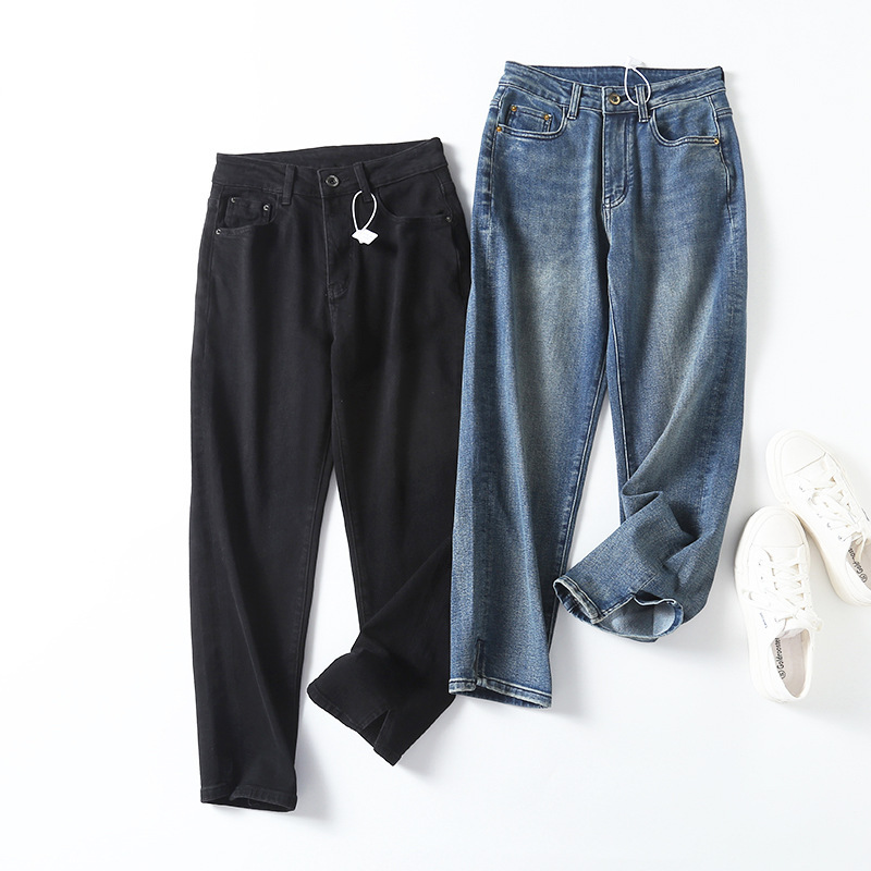 8993-24 early spring new European and American style hem split design stretch slim straight casual Denim trousers