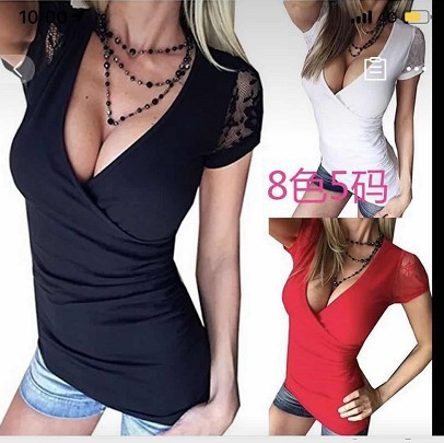 2025Ebay Amazon European and American New Women's Lace Short-Sleeved T-Shirt Bottoming Shirt 8 Colors 10 Sizes in Stock