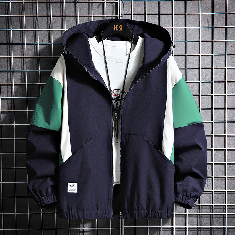撞色拼接连帽冲锋衣外套女春秋新款潮牌宽松休闲情侣夹克男装