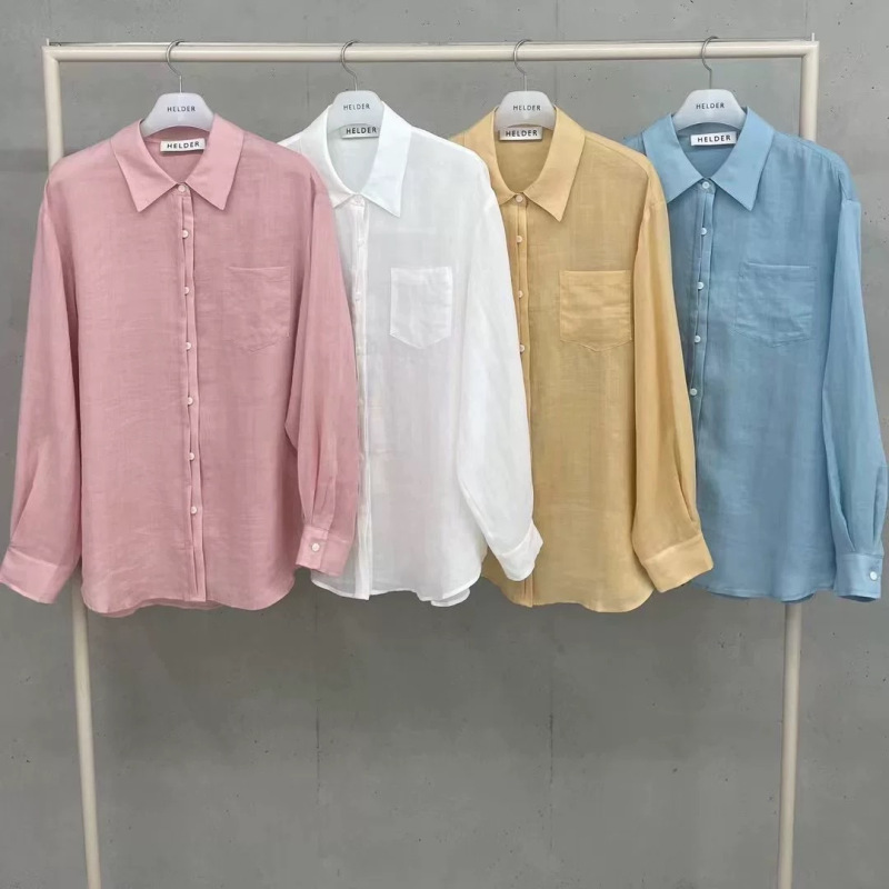 South Korea fabric! Dongdaemun 2025 Spring/Summer Helder Hemp Solid Color All-match Lapel Simple Long Sleeve Shirt