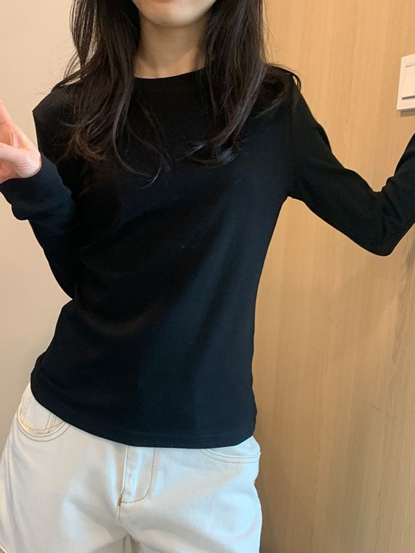 内搭圆领正肩T恤女灰色修身显瘦长袖打底衫早秋新款修身百搭上衣|undefined