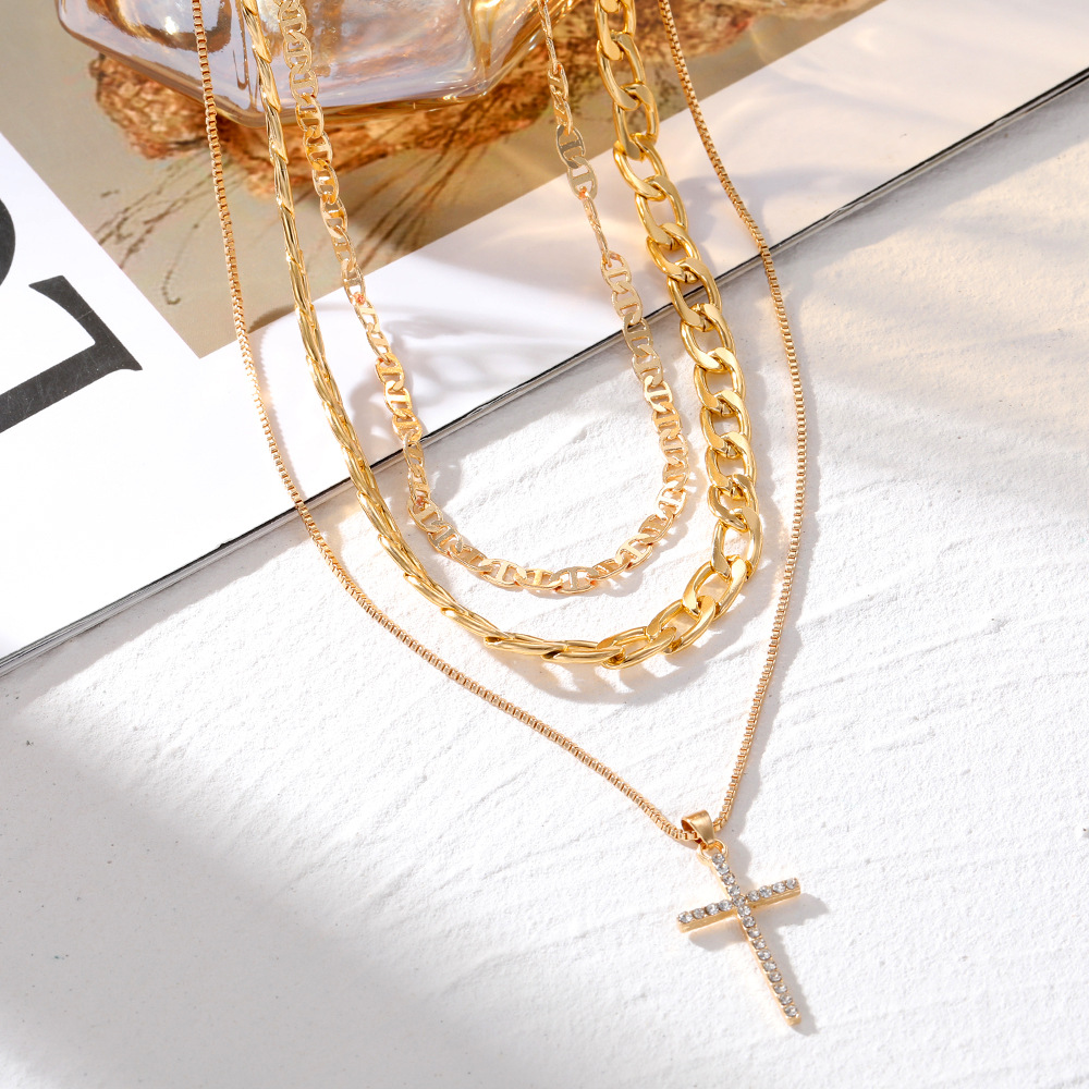 Alloy Material Casual Retro Geometric Cross Alloy Plating Inlay Zircon Women's Three Layer Necklace
