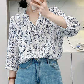 2026夏季青花瓷小碎花衬衫女七分袖夏季国风纯棉上衣别致减龄衬衣