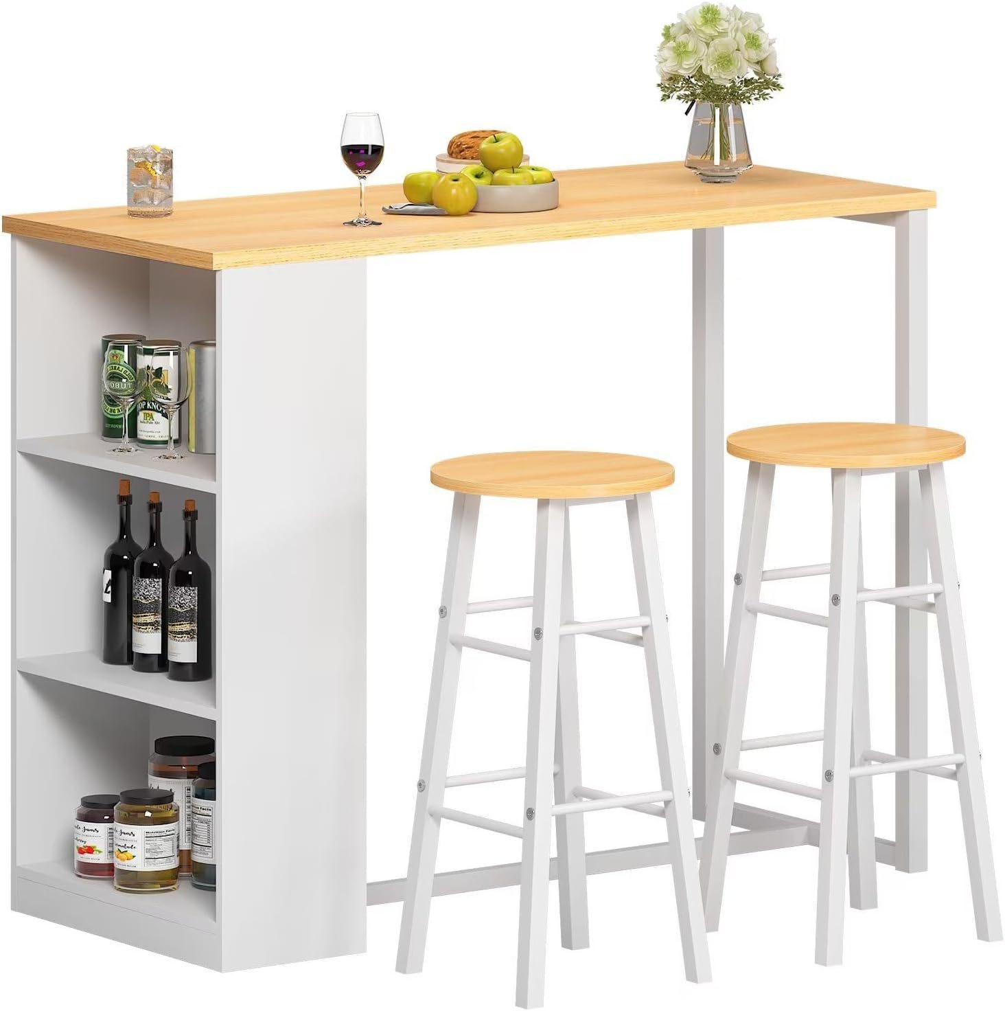Cross-Border Exclusive Supply of Bar Table and Chair Sets with Open Storage Shelves, Kitchen Table Sets, Dining Tables