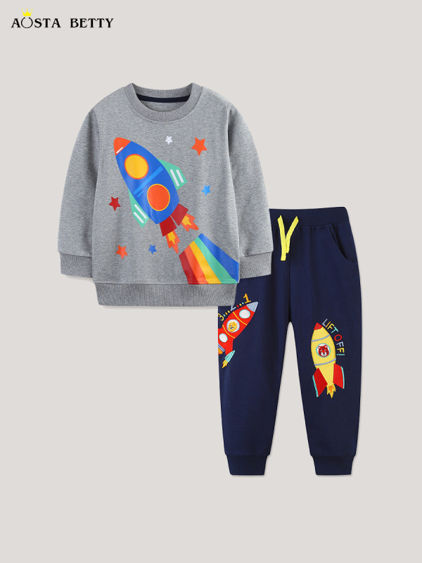 工場直接販売男の子長袖スーツファッションロケットプリントラウンドネックプルオーバーファッション刺繍子供スウェットパンツ|undefined