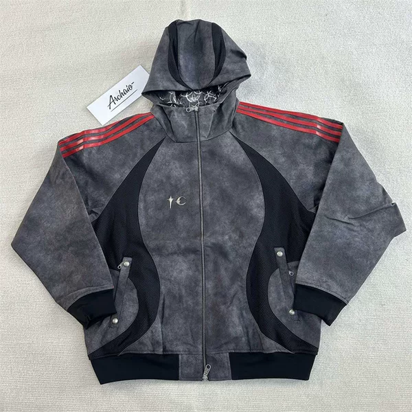 Adidas Trefoil 2026 New Men's Leather Jacket with Hood, Zipper Sports Coat, Color-Block Winter Casual Jacket, Trendy