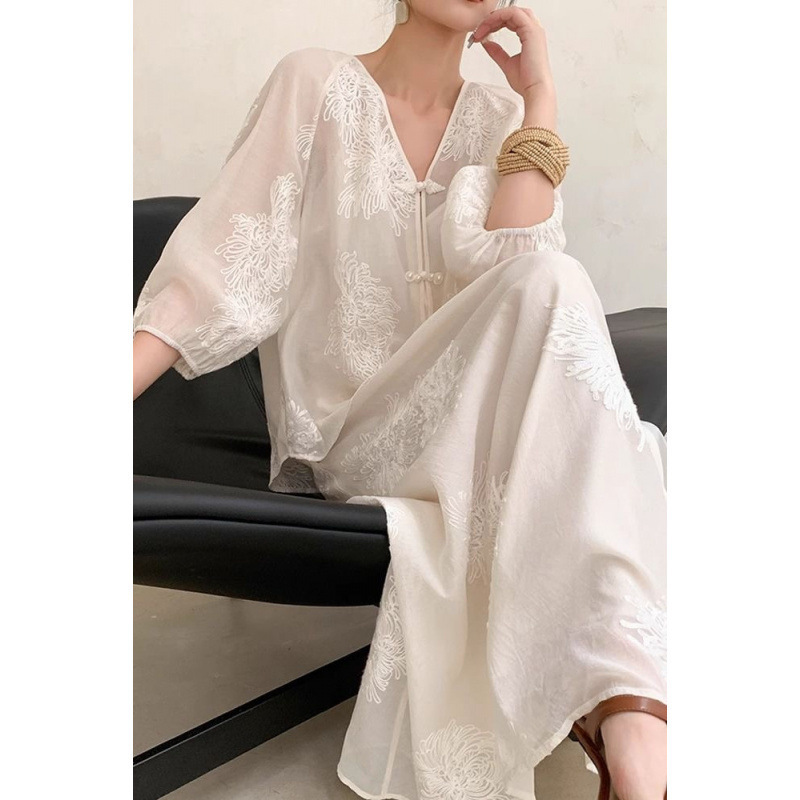 Plus-Size Chinese-Style Dress, New Chinese-Style Button-Up Top, Embroidered Skirt, Summer Women's Short Skirt Set, Cross-Border
