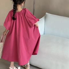 女童連衣裙2024夏季新款洋氣兒童泡泡袖長裙中大童寬鬆休閒娃娃裙