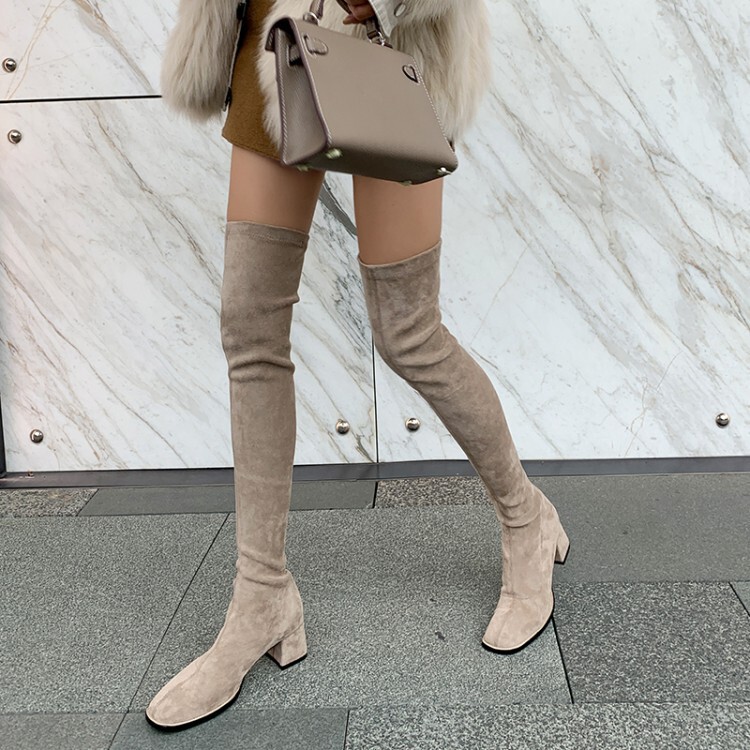 Lingxi Yuan over-the-knee boots, women's high-tube boots, long boots, 2025 popular style, square-toe, elastic, slim-fit boots, autumn, fleece-lined, mid-heel