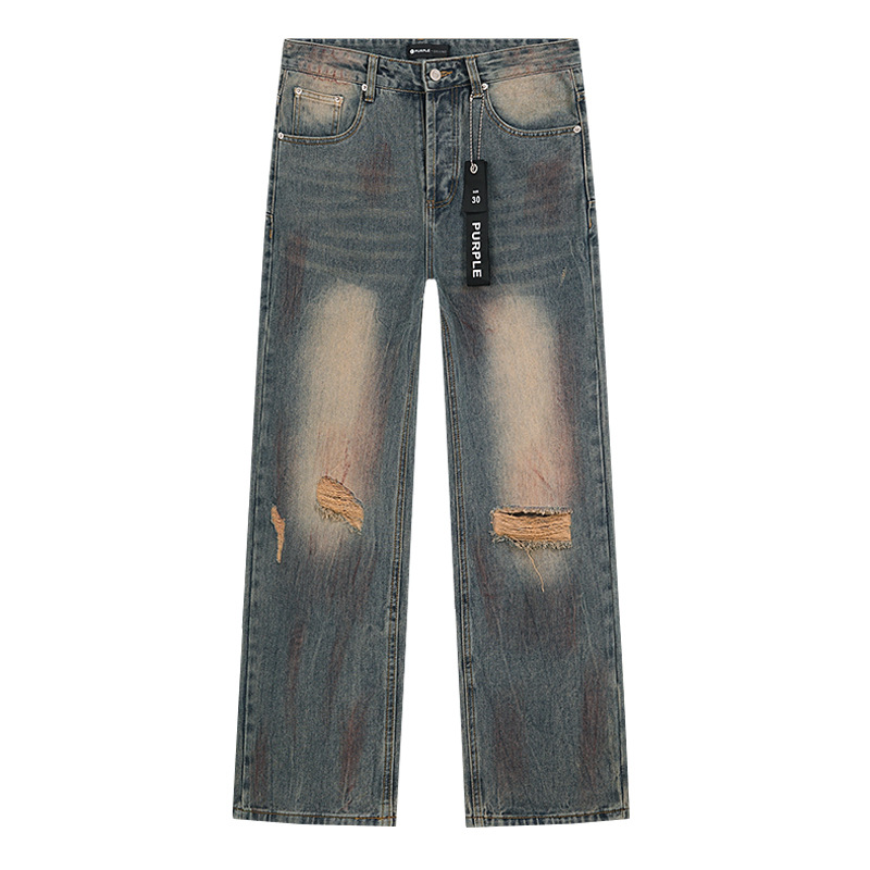 Comercio exterior transfronterizo mayorista purp1e estilo americano marca de alta calle agujero parche de tinta retrógrada lavado jeans pantalones cortos