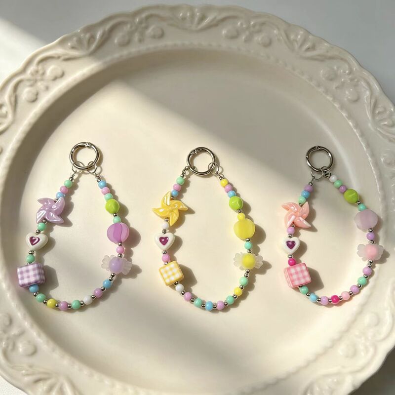 Macaron beaded phone chain with cute windmill, heart, plaid, and square pendants, key pendant, handmade strap for girls Macaron beaded phone chain with cute windmill, heart, plaid, and square pendants, key pendant, handmade strap for girls