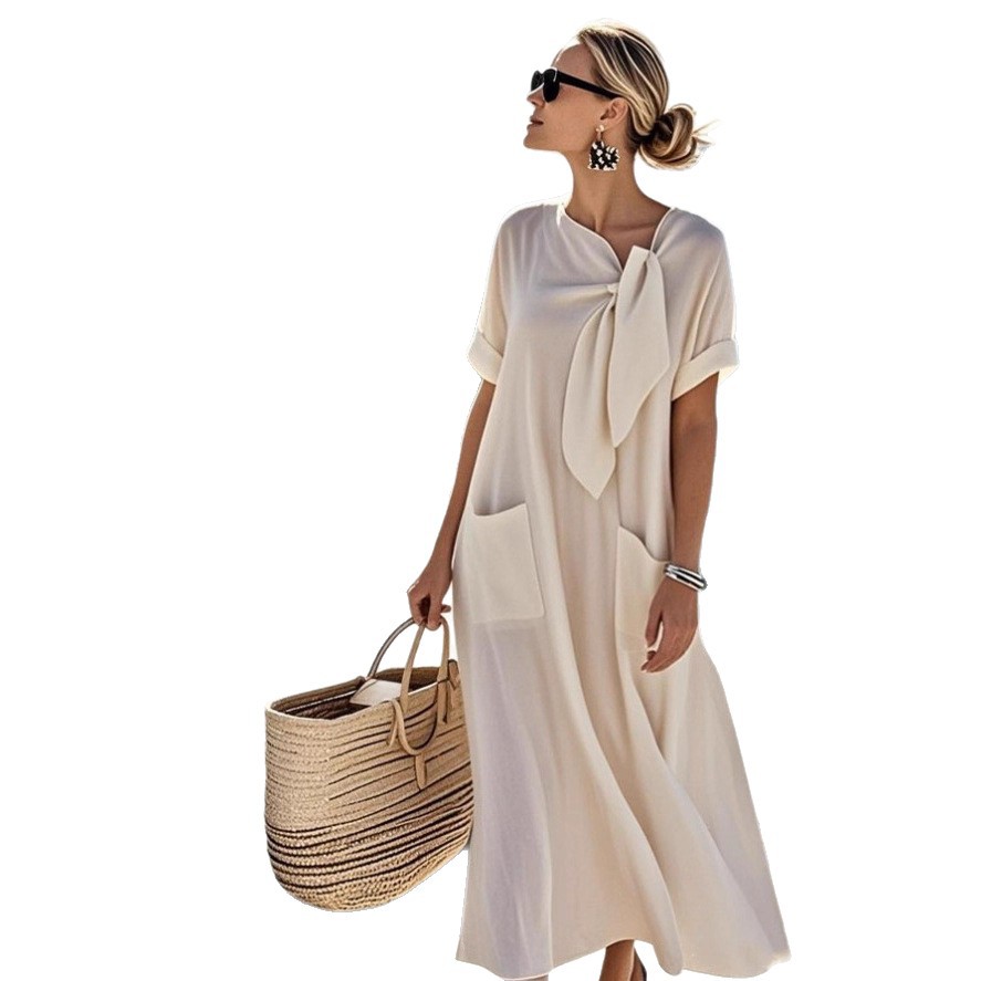 Women's Clothing Elegant Summer Long Dress For Women Bow Tie Pocket Wide Hem Loose Fit European American Style New 2026 Short Sleeved_ecoleips.com