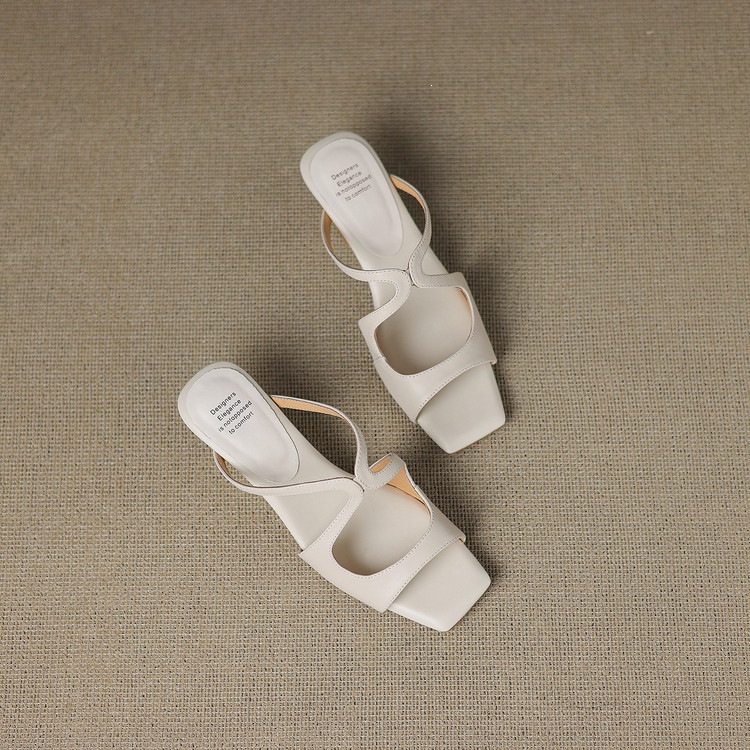 Sandal nữ da bò mũi vuông hở ngón gót lạ mắt — màu đen, màu trắng ngà, bạc chi tiết 53