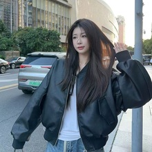 【有内里】美式PU皮衣外套秋冬时尚新款小个子蝙蝠袖拉链机车上衣