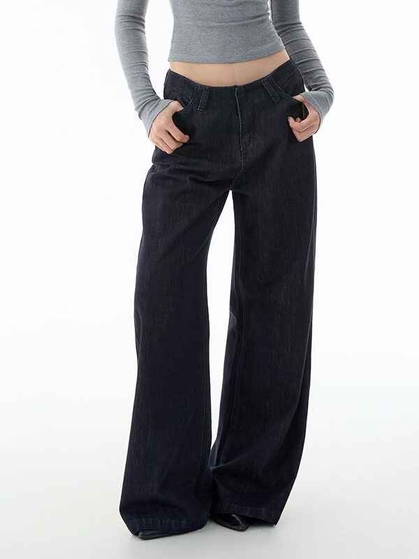 American high street retro hot girl style no-waistband design washed denim pants, summer low-waist straight loose floor-length pants American high street retro hot girl style no-waistband design washed denim pants, summer low-waist straight loose floor-length pants