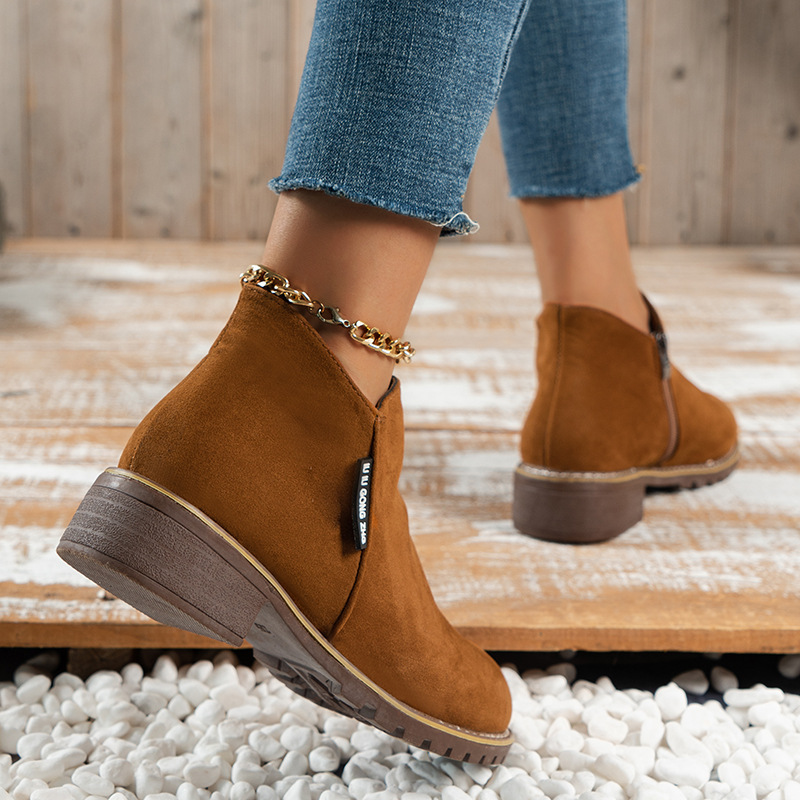 Neue Herbst/Winter-Stiefeletten für Damen im Vintage-Stil mit kurzem Bein, dickem Absatz und flachen Reißverschlüssen an der Seite_voghion.com